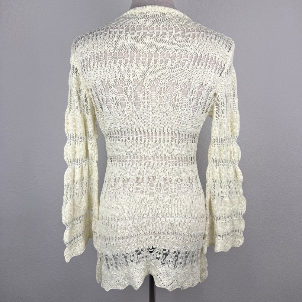 Cream Open Knit Crochet Bell Sleeve Tunic Top Scalloped Hem Boho Cute Size Med - Picture 4 of 7